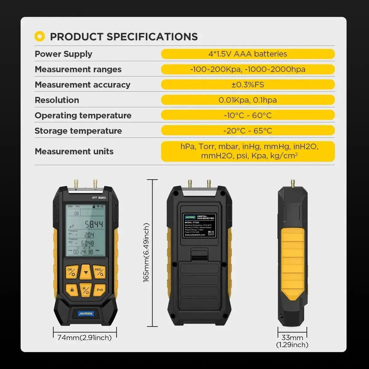 Autool PT520 Tester di pressione dell'aria